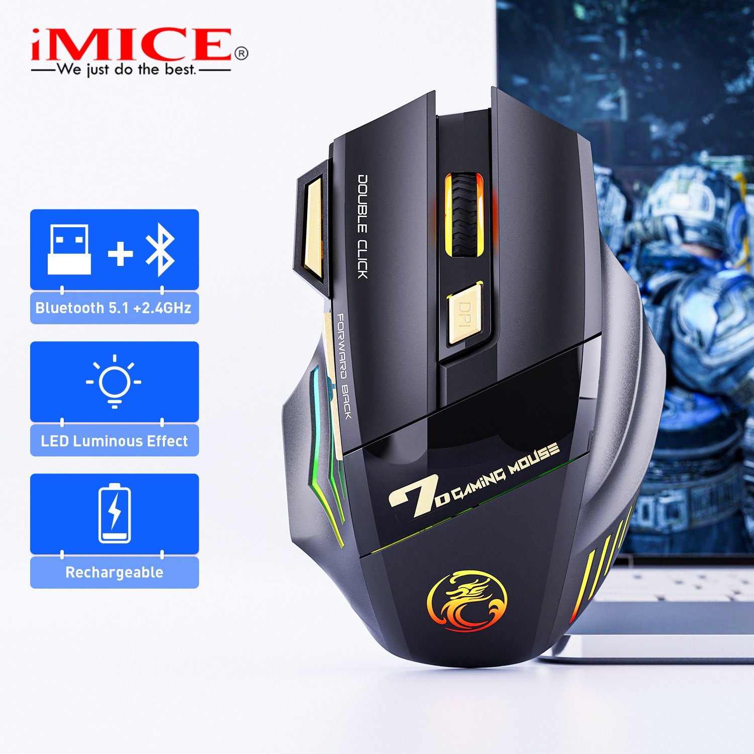 Souris gaming RVB sans fil, ergonomique et rechargeable